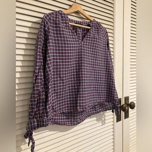 Madewell Tie Sleeve Plaid Long Sleeve Shirt Size M in Blue and Red